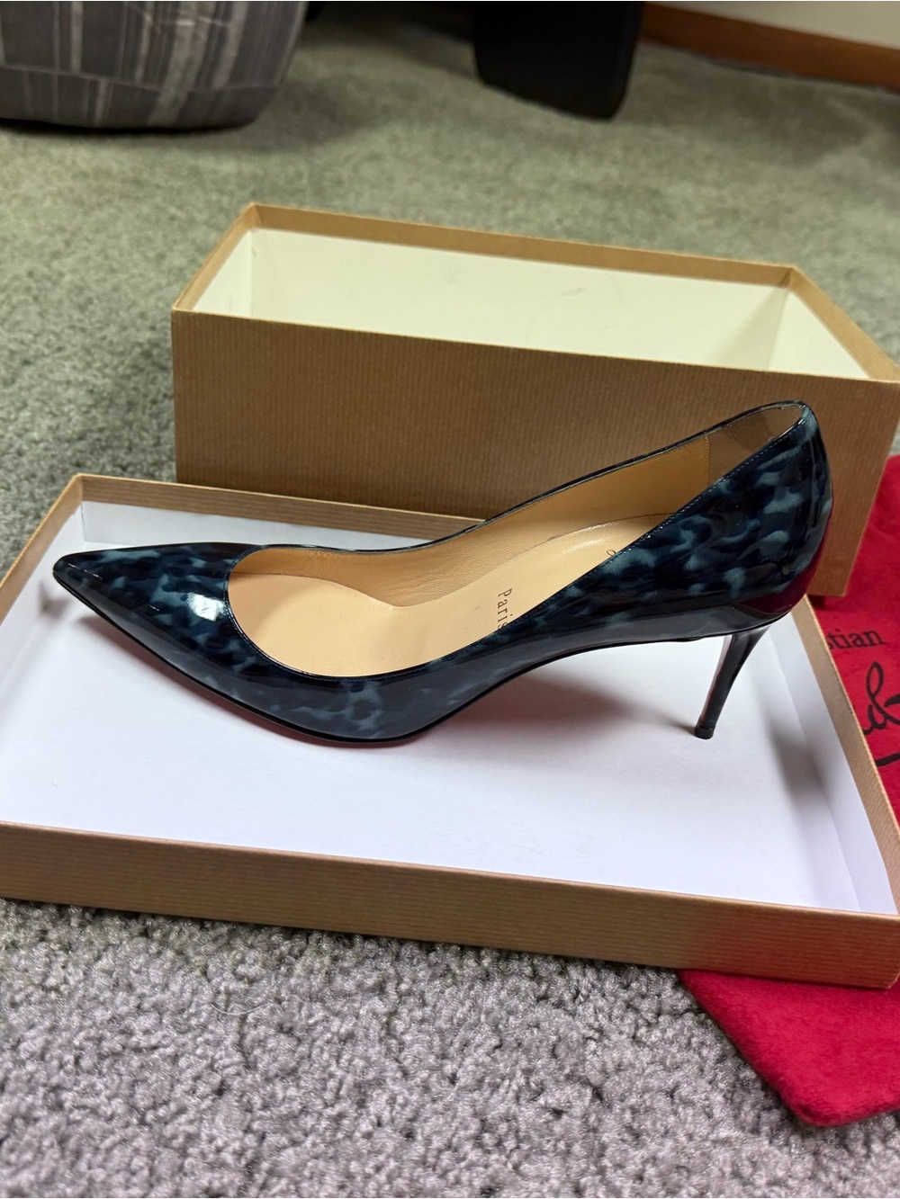 Christian Louboutin Blue Patent Pointed Toe Leopard-Pattern Pumps Size 38.5